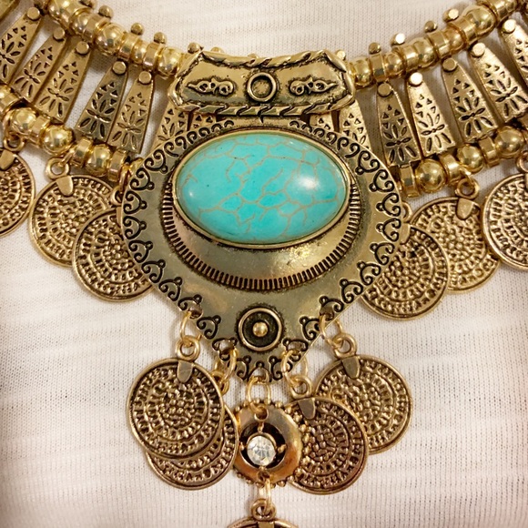 NWT Gold Coin Statement Necklace & Earrings Set with Turquoise Accent - Picture 6 of 15